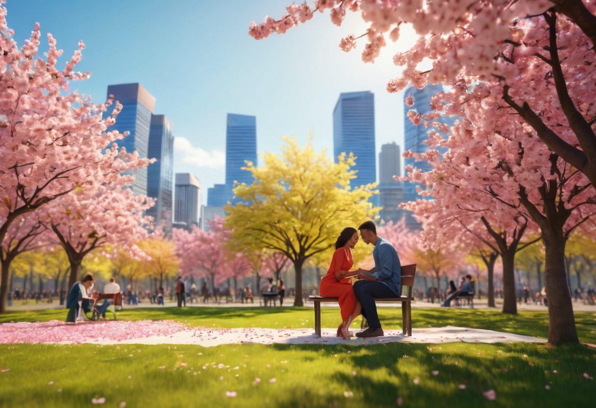 A diverse group of couples happily exchanging love letters in a modern urban park, surrounded by colorful cherry blossom trees and a vibrant city skyline in the background. Include soft sunlight filtering through the leaves, creating a warm and inviting atmosphere. Each couple showcases unique styles and cultural backgrounds. super-realistic. vibrant colors. 3D.