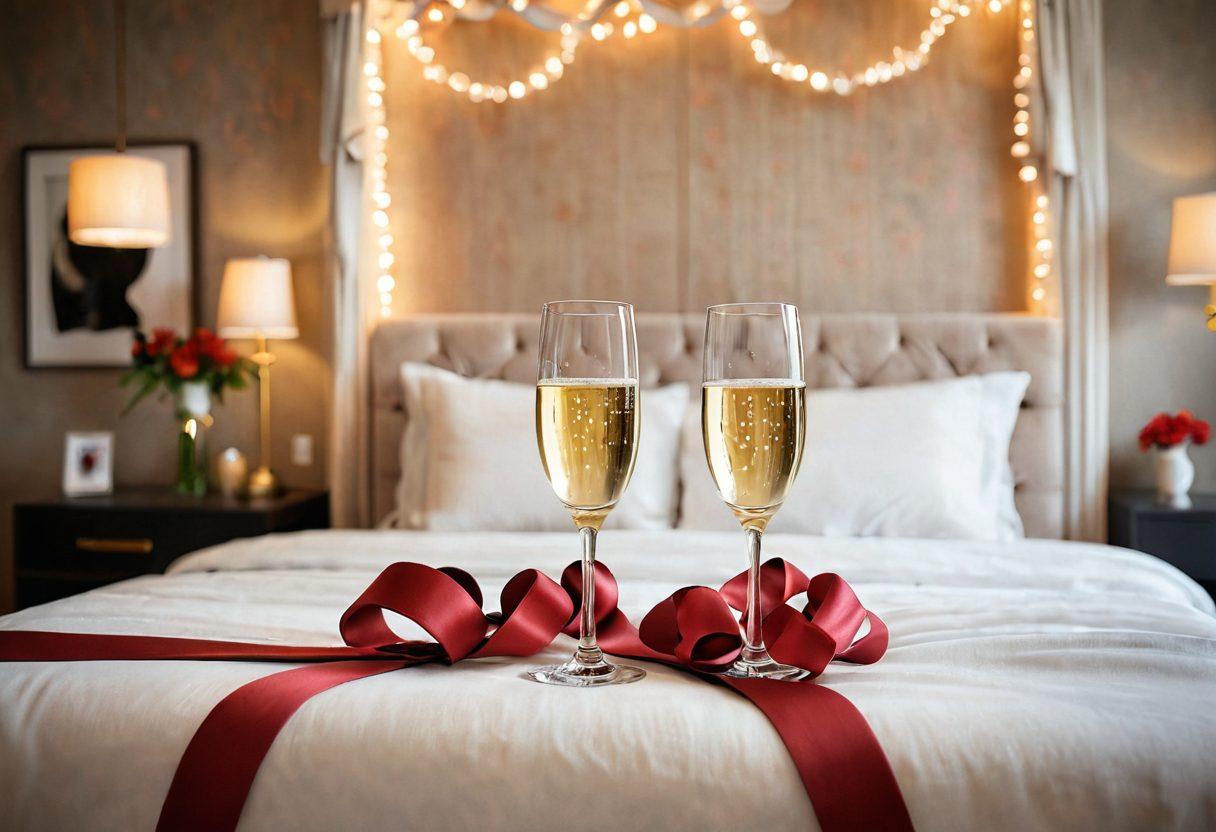 An inviting and cozy bedroom scene featuring two stylishly decorated beds side by side, adorned with soft linens and gentle lighting. Include abstract representations of intimacy, like intertwined ribbons or hearts subtly in the background. Two champagne glasses clink in the foreground, symbolizing celebration and connection. The atmosphere is warm, playful, and respectful, reflecting a thriving swinging lifestyle. 3D, super-realistic, vibrant colors.