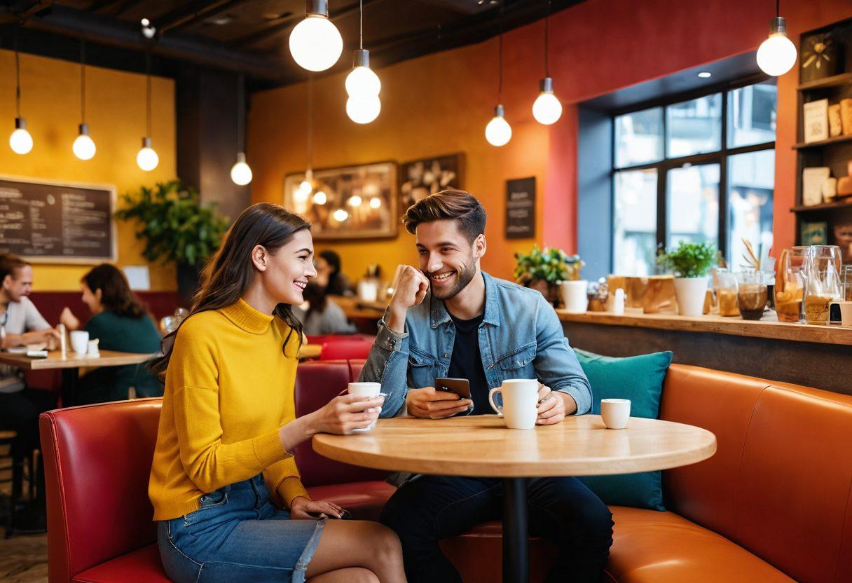 A modern couple sitting in a cozy, stylish café, engaged in a deep conversation while exchanging smiles. Set against a lively backdrop of diverse couples engaged in various activities, showcasing openness and connection in relationships. Incorporate elements of technology like smartphones and digital messages around them, symbolizing communication in the 21st century. Bright colors and a warm, inviting atmosphere enhance the theme of love and understanding. super-realistic. vibrant colors. warm tones.